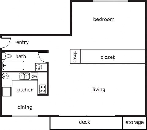 Floor plan for 1 bed, 1 bath, 600 sqft